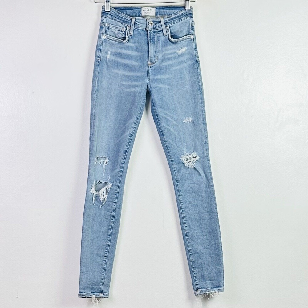 Agolde Women's Sophie Hi-Rise Skinny Distressed Denim Jeans in Beyond Blue Sz 25